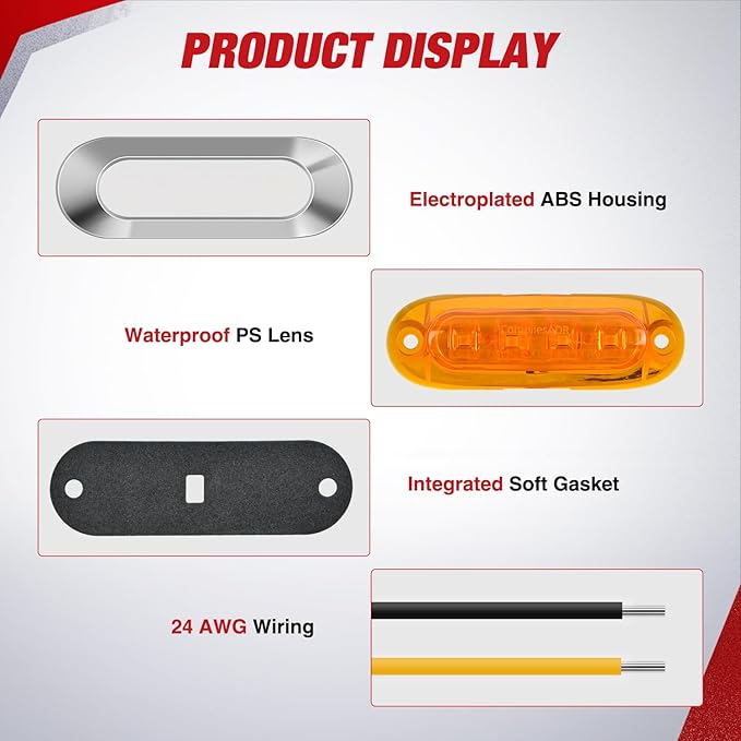 Nilight 20PCS Amber Red Oval Side Marker Lights 4 LED 3.7 Inch Clearance Lamp IP68 Waterproof DC 12-24V with Chrome Bezel Universal for Car Auto Truck Bus Trailer Boat Deck