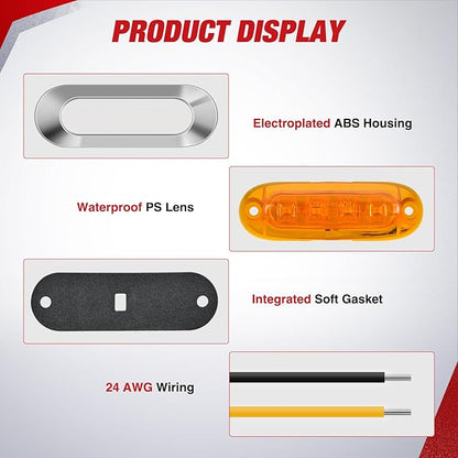 Nilight 20PCS Amber Red Oval Side Marker Lights 4 LED 3.7 Inch Clearance Lamp IP68 Waterproof DC 12-24V with Chrome Bezel Universal for Car Auto Truck Bus Trailer Boat Deck