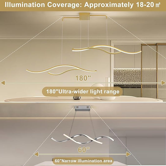 Mayful LED Chandelier, Modern Chandelier with Remote Control, Dimmable 3000K-6000K Adjustable Temperature, Height Adjustable Kitchen Island Pendant Light for Dining Room, Living Room Gold 64.2 inch