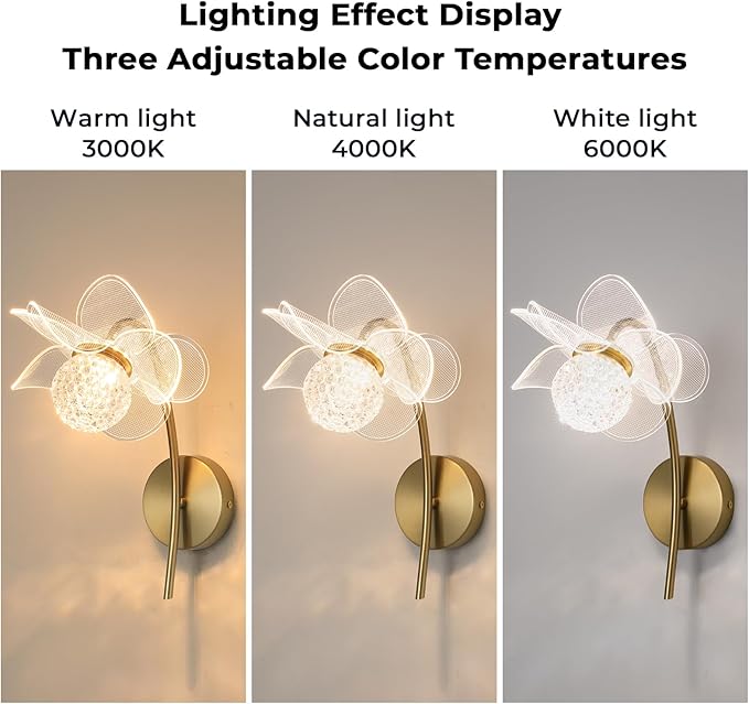 Gold Wall Sconces, Hardwired Indoor Wall Lights for Living Room, Modern LED Sconces Wall Lighting with 3 Color Adjustable, Wall Mounted Lamp for Bedrooms, Bathroom, Hallways, 3000K-6000K