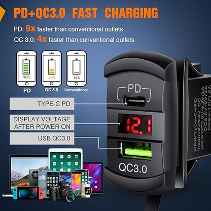 Nilight 5 Gang Rocker Switch Box 12V SPST ON Off Toggle Switches PD Type C and QC 3.0 USB Charger Voltmeter LED Light Waterproof Aluminum Mount Bracket Panel DIY Stickers for Boat Car RV Truck