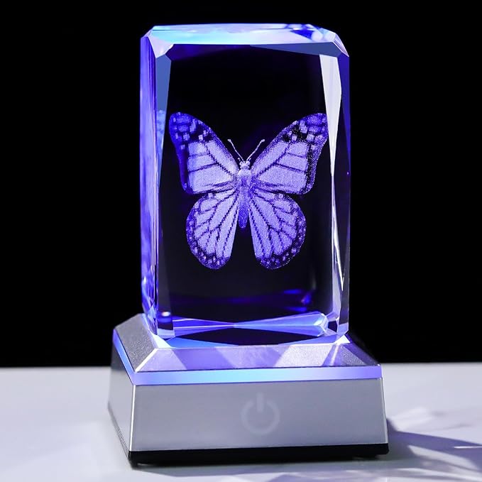 3D Crystal Butterfly for Mom Women or Men, Laser Etched Glass Butterfly Figurine Decor Stuff with Colorful LED Base Nature Lovers Keepsakes Paperweight Gifts for Birthday