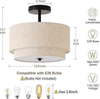 12.6" Flush Mount Ceiling Light Fixture, Black 3-Light Modern Ceiling Light with Fabric Shade in Double Drum-Shape for Bedroom Nursery Living Room Kitchen Island(2-Tier Black)