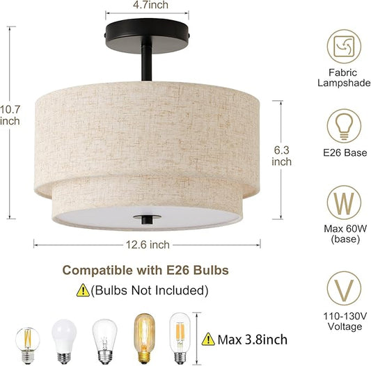 12.6" Flush Mount Ceiling Light Fixture, Black 3-Light Modern Ceiling Light with Fabric Shade in Double Drum-Shape for Bedroom Nursery Living Room Kitchen Island(2-Tier Black)