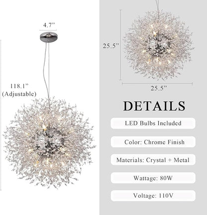 Modern Crystal Chandeliers, Dandelion Beaded Lighting, Sputnik 16-Light Chrome Hanging Lamp, Round Firework Pendant Light for Dining Room Living Room Kitchen Island Bedroom (Chrome, D25.5inch)