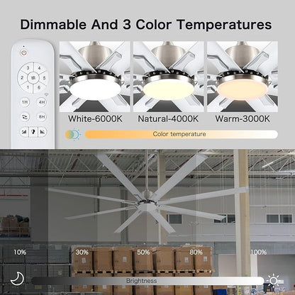 84 Inch Industrial Ceiling Fans with Light,Large Ceiling Fan with Modern 8 Aluminum Blades,Compatible with Alexa,Noiseless DC Motor,Black Outdoor Fan for Garage or Pool area