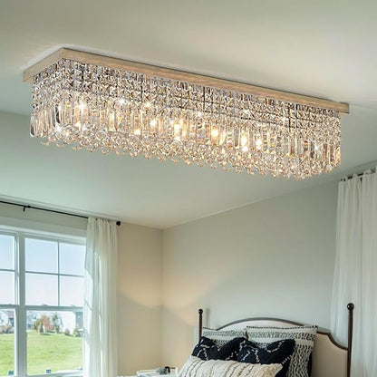 Crystal Chandelier for Dining Room 39.3" Modern Gold K9 Crystal Rectangle Chandeliers Flush Mount Pendant Light Fixture Kitchen Island Bar Dining Room Bedroom Bathroom Hotel