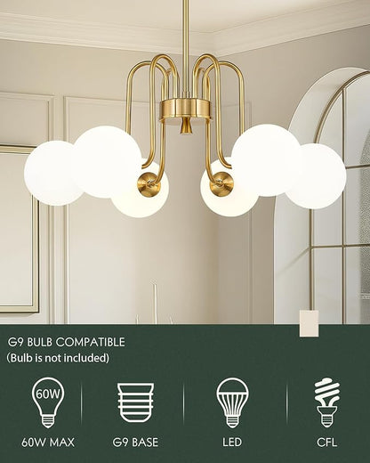 Gold Chandelier with Frosted Glass Globe, 6-Light Modern Pendant Light for Kitchen, Bedroom, Hallway, Living Room,CKPL4845-6P-PG