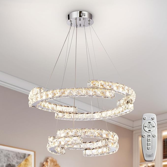 Depuley Modern LED Crystal Chandeliers: 23.6" Curved Ring Chandelier Hanging Crystal Ceiling Light Fixture - 65W Adjustable Height Pendant Light for Living Room Dining Room Bedroom Foyer