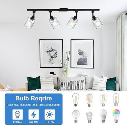 4 Pack H Track Lighting Heads Black Track Lighting Fixtures with Clear Hammered/Water Ripples Glass, H Type Track Lighting Replacement Heads Ceilig Spotlight for Kitchen Accent Retail E26 Base
