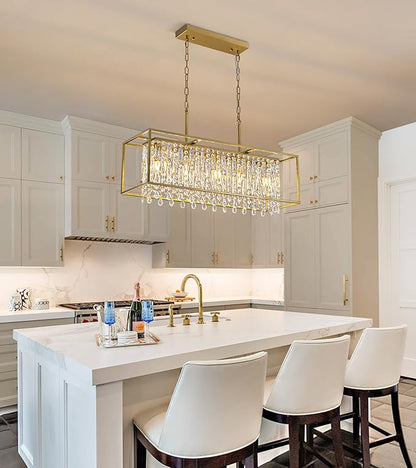 Siljoy Rectangular Gold Crystal Chandelier for Dining Room, 5-Light Modern K9 Crystal Raindrop Chandelier Luxury Crystal Pendant Ceiling Light for Living Room Kitchen Island L35.4'' x W11'' x H12''