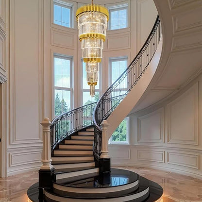 Luxury Gold Crystal Chandelier for High Ceiling, 32" 7-Tier Long Crystal Chandeliers, Adjustable Height Chandelier for Foyer, Villa, Staircase, Entryway