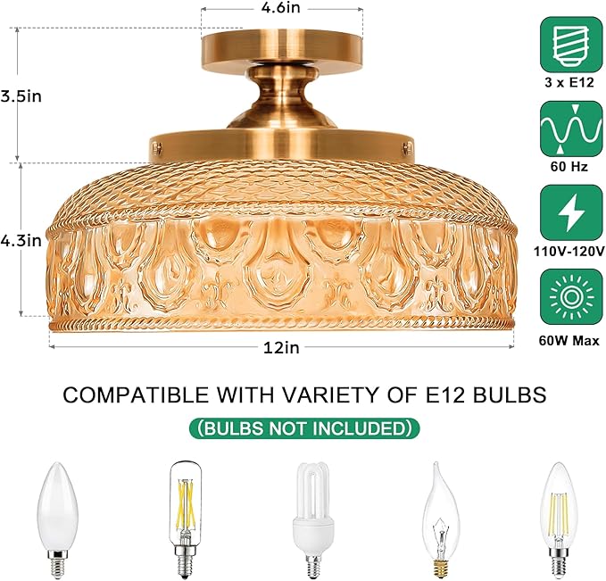 Lamomo Semi Flush Mount Ceiling Light, Upgraded Larger 12 Inch Hallway Light Fixture, 3 Light Globe Glass Close to Ceiling Scone, Amber Indoor Hanging Light for Bedroom Kitchen Porch Hallway