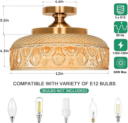 Lamomo Semi Flush Mount Ceiling Light, Upgraded Larger 12 Inch Hallway Light Fixture, 3 Light Globe Glass Close to Ceiling Scone, Amber Indoor Hanging Light for Bedroom Kitchen Porch Hallway