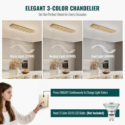 Siljoy 12-Lights Modern Crystal Chandeliers, Luxury Wave Raindrop Crystal Pedant Light Fixture, Rectangular Flush Mount Ceiling Light for Dining Room Living Room Kitchen Island 47 Inch