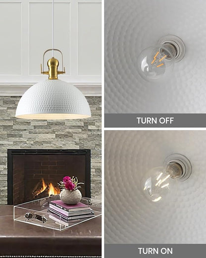 15.7 Inch White Pendant Light 2 Pack, Hammered Industrial Pendant Lights Adjustable Height, Farmhouse Dome Hanging Light for Dining Room Bedroom Foyer Barn