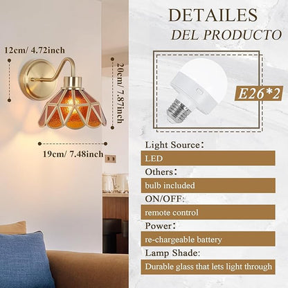 Battery Operated Sconces Set of 2, Vintage Wall Light with Remote, Rechargeable Wall Sconces RGB, No Socket Required, Easy to Install, Battery Operated Wall Sconce for Bedroom, Hallway, Aisle