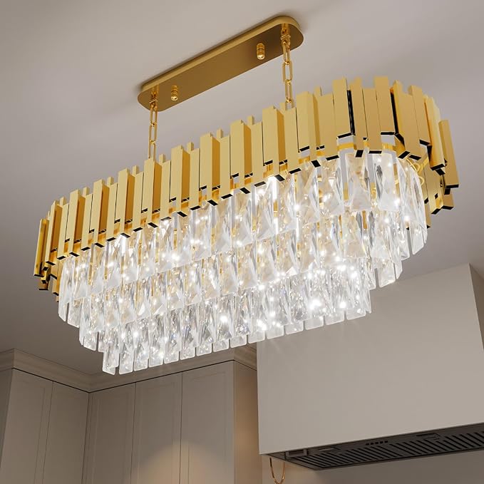 32" Modern Rectangle Crystal Chandelier for Dining Room, 8-Light Gold Crystal Raindrop Chandeliers, Adjustable Height Chandelier for Staircase, Living Room, Foyer