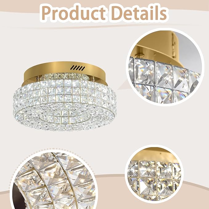 ykolupty 16" Crystal Chandeliers,Round Chandelier for Living Room Modern Crystal Ceiling Light Fixture for Foyer Bedrooms Dining Room Hallway Gold