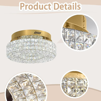 ykolupty 16" Crystal Chandeliers,Round Chandelier for Living Room Modern Crystal Ceiling Light Fixture for Foyer Bedrooms Dining Room Hallway Gold