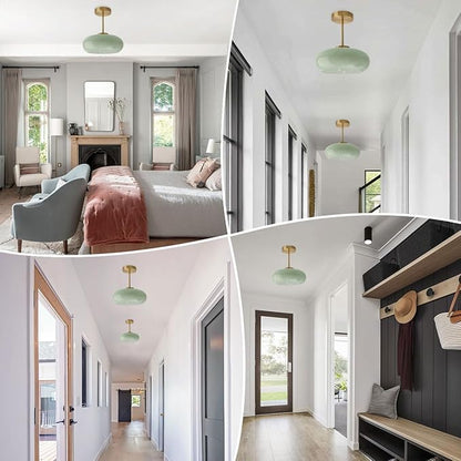 Milk Ceiling Light mid Century Modern Ceiling Light fixtures with Milk Green Glass Shade Gold Semi Flush Mount Ceiling Light, Vintage Glass Ceiling Lamp Hallway Dining Room Kitchen