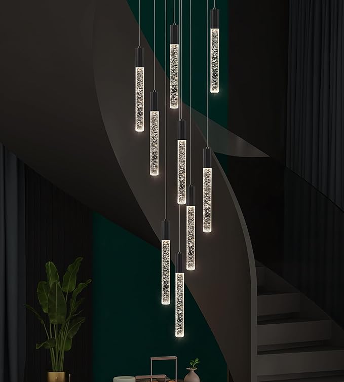 Modern High Ceiling Crystal Chandelier 9-Lights, Spiral LED Raindrop Foyer Pendant Lighting, Bubble Staircase Living Room Hanging Light Fixture Flush Mount Black