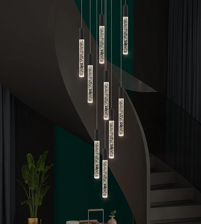 Modern High Ceiling Crystal Chandelier 9-Lights, Spiral LED Raindrop Foyer Pendant Lighting, Bubble Staircase Living Room Hanging Light Fixture Flush Mount Black