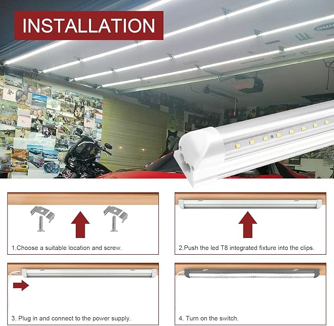 8 Pack T8 led Shop Lights 4ft, 40W 5200LM 5000K Shop Light, Linkable LED Shop Lights for Garage, Workshop, Warehouse, Basement, Clear Cover