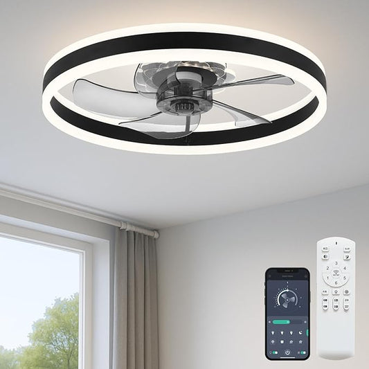 Fszdorj Ceiling Fan with Light, Upgraded 20‘’ Low Profile Fan, Flush Mount Ceiling Fan, 6 Speeds, Dimmable LED, App & Remote Control, Quiet DC Motor, For Bedroom, Living Room, F105 Black-D