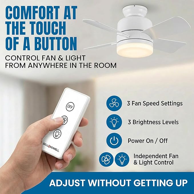 Bell+Howell Socket Breeze 15.4" Socket Fan Light, 5-Speed Deluxe Model – Portable Low Profile Ceiling Fans with Lights and Remote Control – For Bedroom, Kitchen, Living Room
