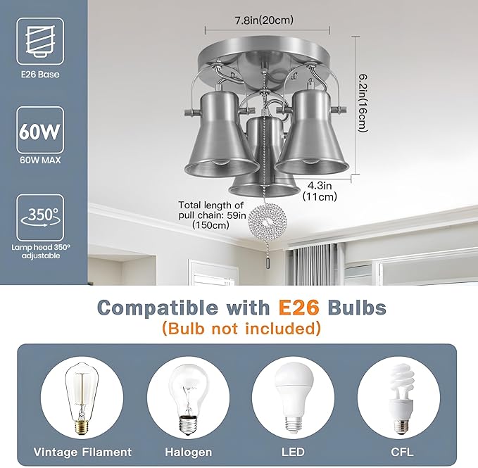 3-Light Ceiling Lights with Pull Chain, Adjustable Round Kitchen Ceiling Light, Morden Nickel Flush Mount Directional Track Light for Kitchen, Hallway, Dining Room, Bathroom, Coffee Bar