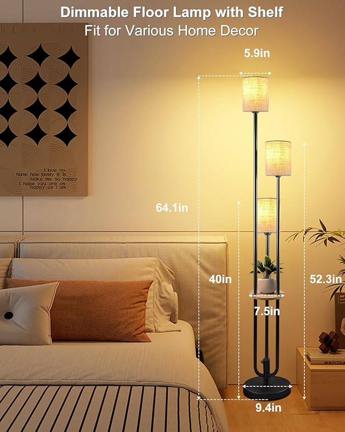 63IN Dimmable Floor Lamp with Shelf, Unique Black Tall Standing Lamps with Table, 3000K Warmwhite Mid Century Modern Floor Lamp with 5Lbs Heavy Base for Living Room/Bedroom (Bulbs Included)