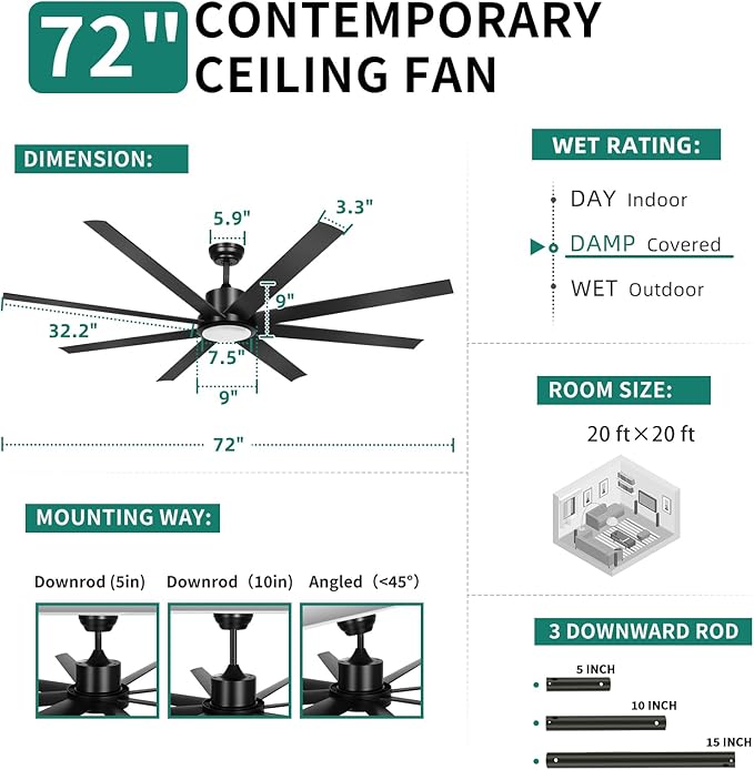 YITAHOME 72 Inch Ceiling Fans with Lights and Remote Control for Indoor, Reversible Quiet DC Motor, 8 Blades with 6 Speed, Modern Ceiling Fans for Living Room - Black