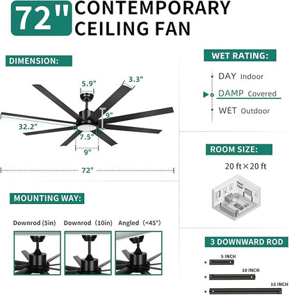 YITAHOME 72 Inch Ceiling Fans with Lights and Remote Control for Indoor, Reversible Quiet DC Motor, 8 Blades with 6 Speed, Modern Ceiling Fans for Living Room - Black