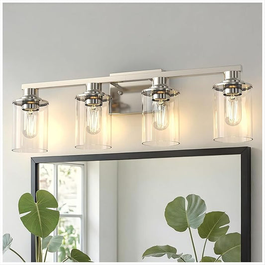 DORESshop 4-Light Vanity Light Fixtures, Nickel Bathroom Light Fixtures Over Mirror with Clear Glass Shade, Modern Vanity Lights for Living Room Bedroom