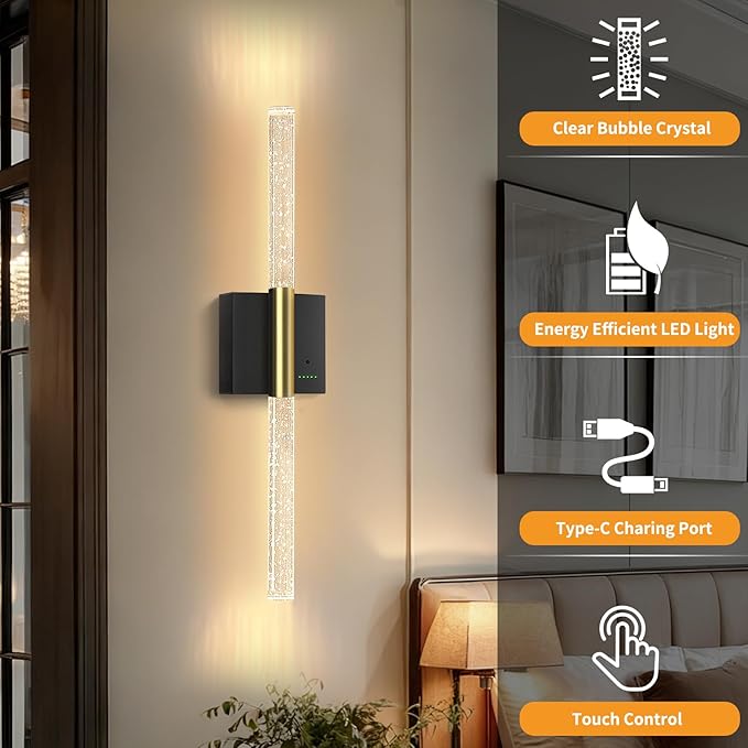 Battery Operated Wall Sconces Set of 2, 28in Rechargeable Wireless Wall Lights, 8000mAh Dimmable Modern LED Wall Lamp Fixtures with Timer Function for Living Room Bedroom Bathroom Hallway, Black