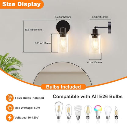 DLLT Wall Sconces Set of Two: Modern Bathroom Vanity Light Fixtures - Matte Black Vanity Lights with Clear Glass Shade - Farmhouse Wall Lamp for Bedroom Living Room Mirror Hallway Kitchen