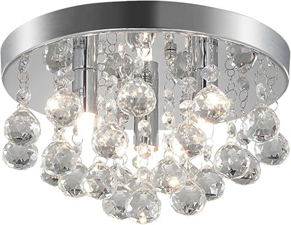 TISLYCO Modern Raindrop Crystal Chandelier, 3 Lights Flush Mount Ceiling Light, Silver Modern Mini Ceiling Light Fixture for Bedroom, Dining Room, Living Room, Hallway, Closet, Bathroom