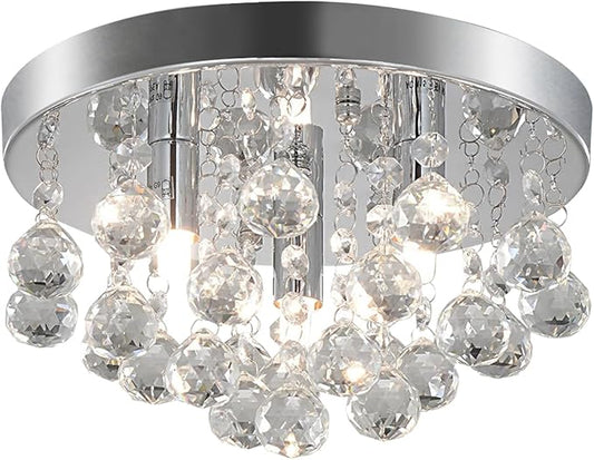 TISLYCO Modern Raindrop Crystal Chandelier, 3 Lights Flush Mount Ceiling Light, Silver Modern Mini Ceiling Light Fixture for Bedroom, Dining Room, Living Room, Hallway, Closet, Bathroom