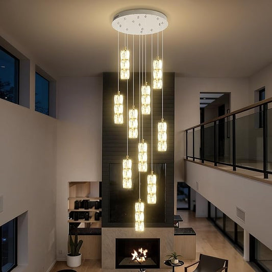 ykolupty Long Staircase Crystal Pendant Chandeliers 10-Lights Silver Column Crystal Chandeliers Foyer Entrance High Ceiling Hanging Chandelier 2700-6000k Dimmable Fixtures LED Big Chandeliers