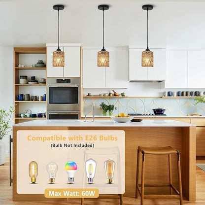 LAMSU 3 Pack Rattan Pendant Lights Kitchen Island, Farmhouse Pendant Lighting with Hand Woven Wicker Shade, Boho Chandelier Light Fixtures Ceiling Hanging for Dining Room Bedroom Foyer Hallway