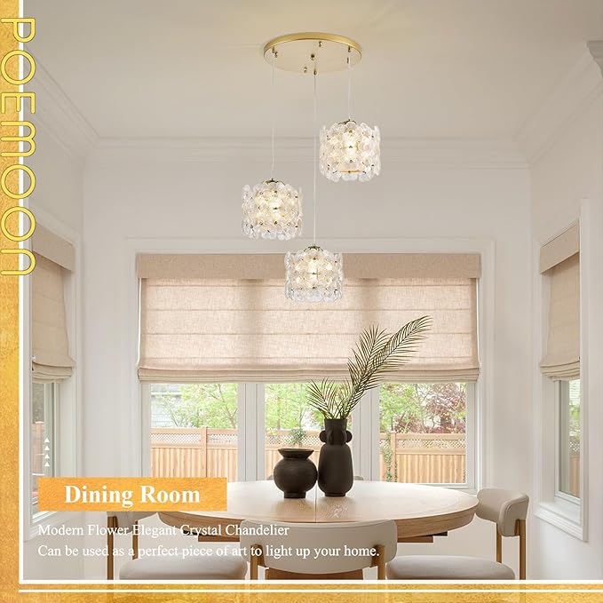 Gold Flower Glass Chandelier 3-Lights Cluster Pendant Lighting Modern Ceiling Pendant Light Fixture for Dinning Room Bedroom Kitchen Island Hallway Entryway