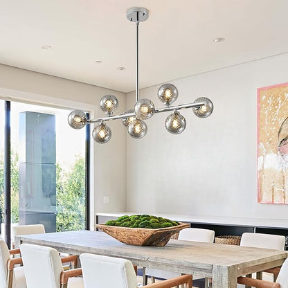 Mid Century Modern Sputnik Chandeliers: 9-Light Chrome Linear Dining Room Light Fixture - 40" Long Smoke Grey Glass Globe Modern Silver Pendant Chandelier Lighting for Living Room Kitchen Island Table
