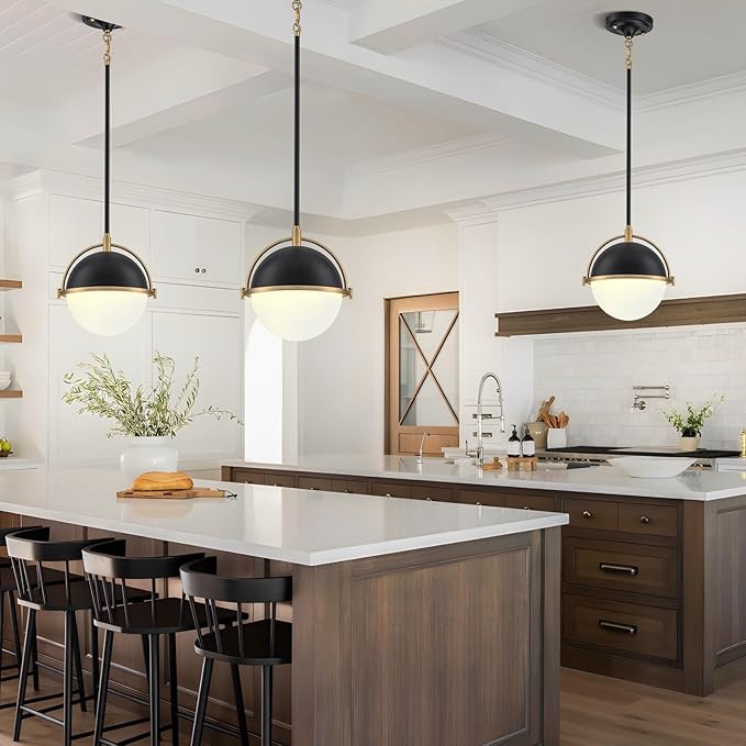 9.5 Inch Black and Gold Globe Pendant Lights Kitchen Island, Mid Century Modern Pendant Light Fixtures with Milk Glass Lampshade, Adjustable Pendant Lights for Dining Room Cafes Restaurants