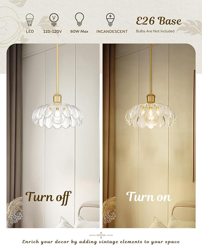 FEMILA 10.4" Gold Pendant Light, Vintage Pendant Lighting with Flower Glass, Pendant Light for Kitchen Island Bedroom Hotel Living Room, 4FJX82MIL BG