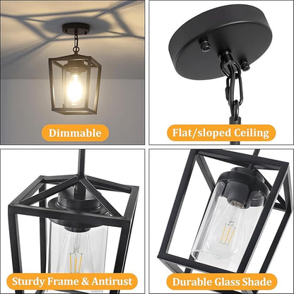 2 Pack Black Pendant Lights Kitchen Island, Farmhouse Pendant Light Fixtures with Glass Shade, Modern Kitchen Island Lighting Metal Cage Hanging Light for Hallway Entryway Dining Room Bathroom Foyer