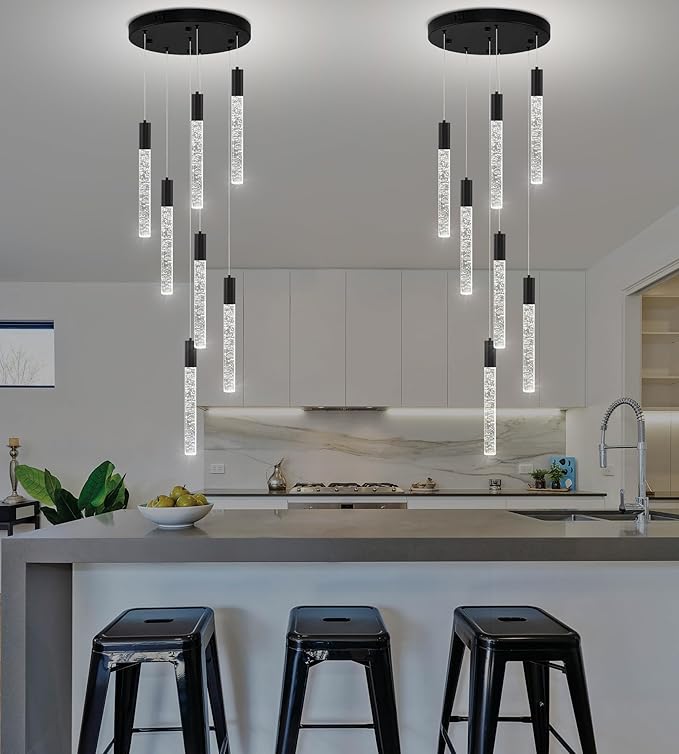 Modern High Ceiling Crystal Chandelier 7-Lights, Spiral LED Raindrop Foyer Pendant Lighting, Bubble Staircase Living Room Hanging Light Fixture Flush Mount Black