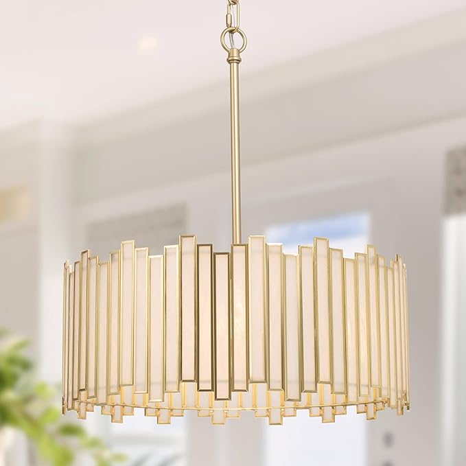 KSANA Gold Drum Chandelier, Modern Drum Pendant Light Fixture with Cream Glass Shade for Dining & Living Room, Bedroom, Foyer and Kitchen