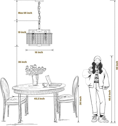 Black & Gold Chandelier Crystal Farmhouse Pendant Light, Semi Flush Mount Ceiling Chandelier Light Fixtures,16" Water Ripple Glass Shade,for Dining Room Kitchen Foyer Entryway