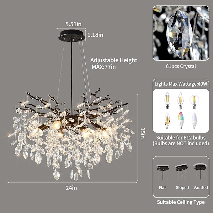 EGM Black 24 Inch Tree Branch Crystal Chandelier, Modern Raindrop Crystal Ceiling Light Fixtures 8-Light(E12), Hanging Round Chandeliers for Dining Room Living Room Bedroom Foyer